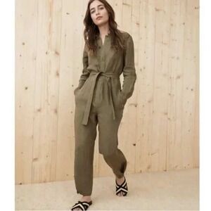 Jenni Kayne Womens 100% Linen Long Sleeve Belted Jumpsuit Olive Green Size Small